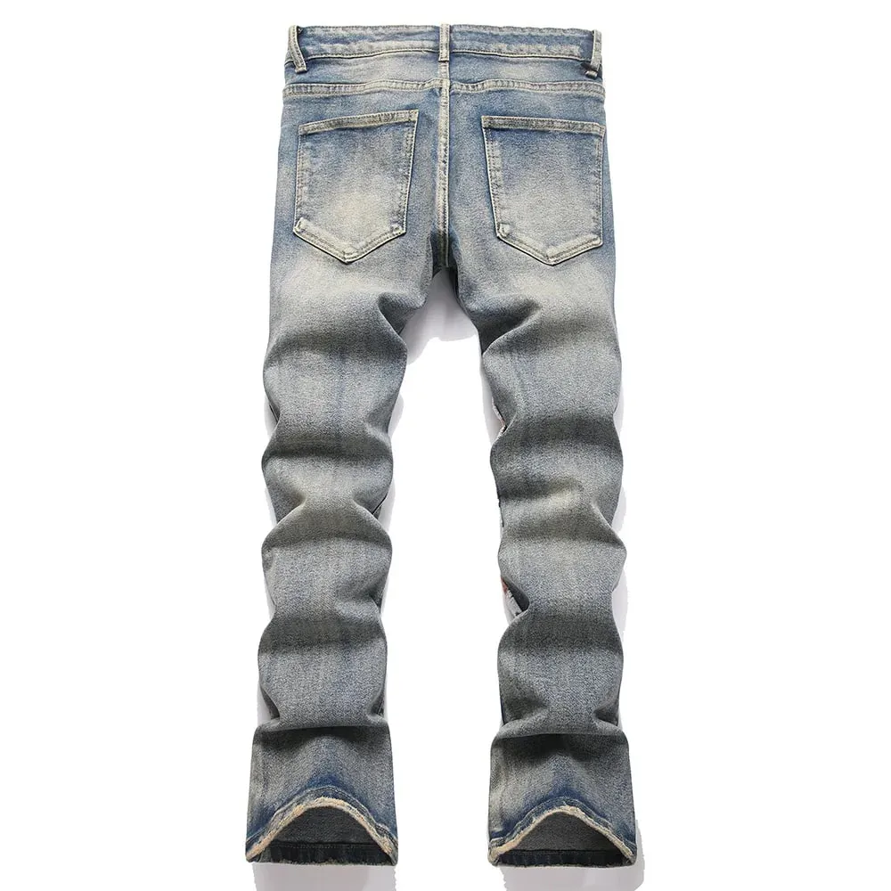 Men's Skull Boot Cut Denim Jeans Vintage Blue Devil Embroidery Stretch Pants Slim Flared Trousers — image 2