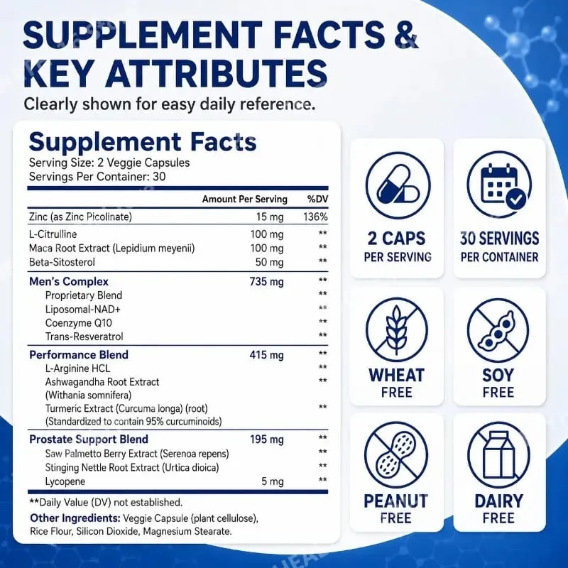 NAD+ Men's Complex Capsules Cellular Energy Support Resveratrol Maca Prostate Health and Urinary Comfort Support 60 Capsules — image 2