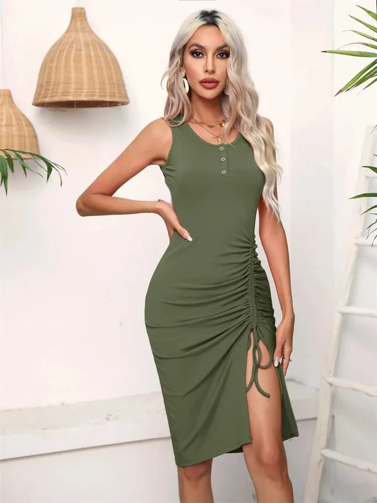 Women Spring Summer Style Dress Lady Casual High Elastic Sleeveless Solid Color Split Sheath Dress DF5011 — image 4