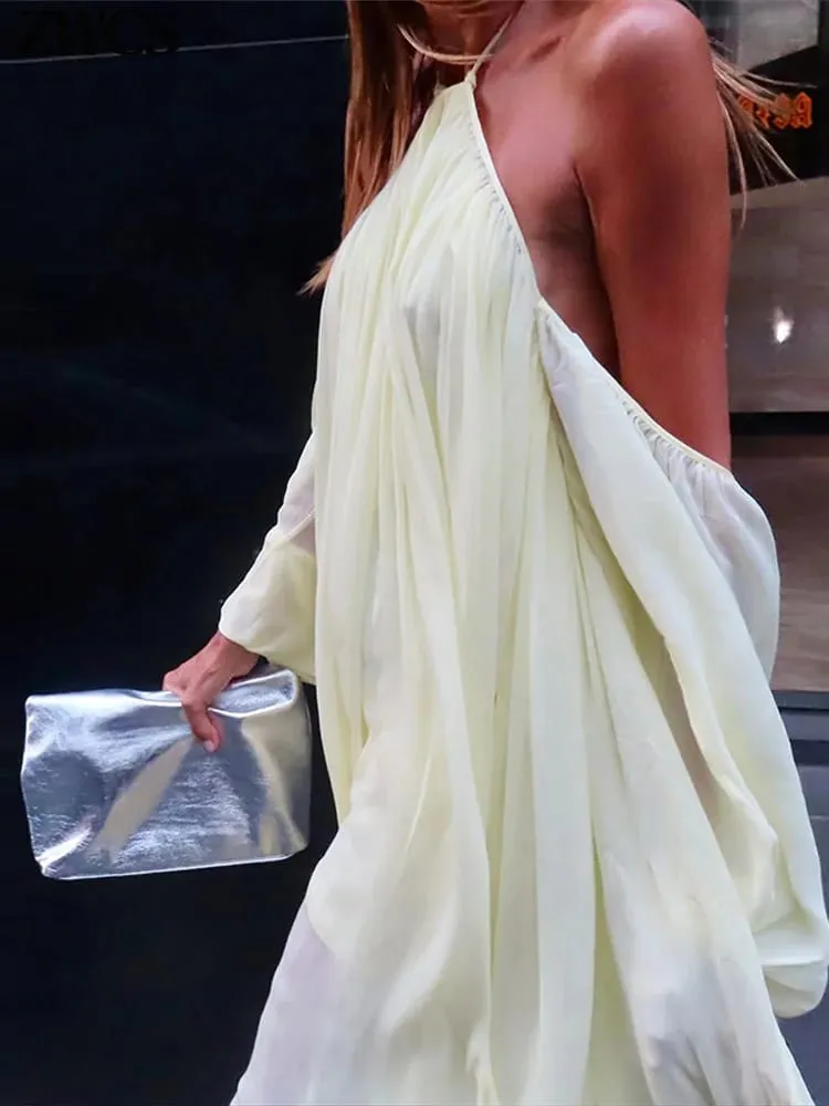 Sexy Halter Backless Party Gowns Women's Yellow Big Hem Off-shoulder Long Dresses 2026 Spring New Ladies Loose Beach Robes — image 5