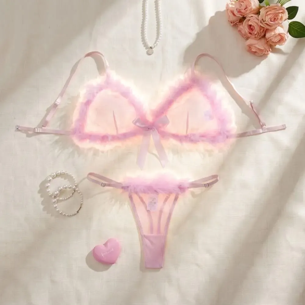 Furry Women's Underwear Wireless Mesh Transparent Lingerie Set Bow Decor Romantic Intimate Bra Panties Suit Intimate Moments — image 3
