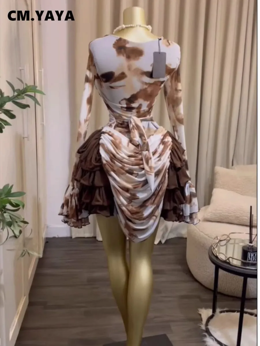 CM.YAYA Wanita Tie Dye Print Cascading Ruffles Bell Lengan Panjang Bodycon Ruched Draped V-neck Dress Pakaian Percutian Pantai