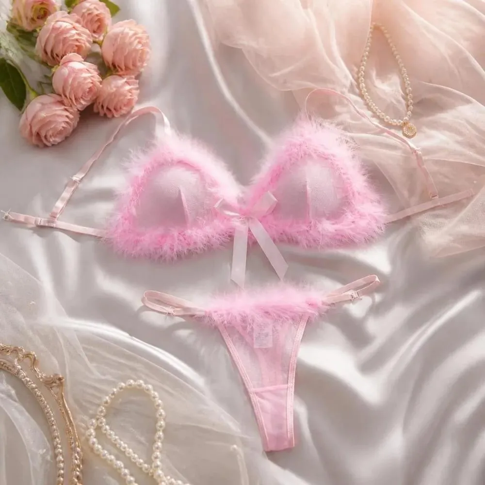 Furry Women's Underwear Wireless Mesh Transparent Lingerie Set Bow Decor Romantic Intimate Bra Panties Suit Valentine's Day — image 2