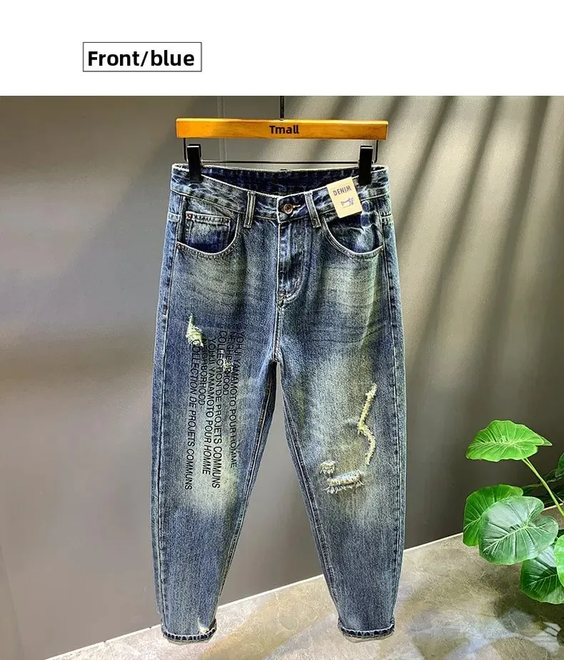 2025 Autumn/Winter New Men's Trendy Piercing Patch Jeans with Letter Printed Micro Loose Pants