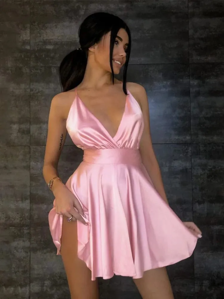 Summer Sexy 2000s European and American Solid Color V-neck Bow High Street Vintage style emo Strap Dress Strap A-line short Dres — image 2