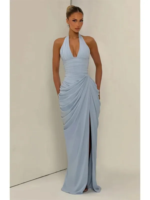 Gaun Halter Berlipat Solid Fashion Wanita Gaun Maxi Belah Punggung Terbuka Tanpa Lengan Cinch Pinggang 2026 Gaun Pesta Wanita Musim Panas Seksi