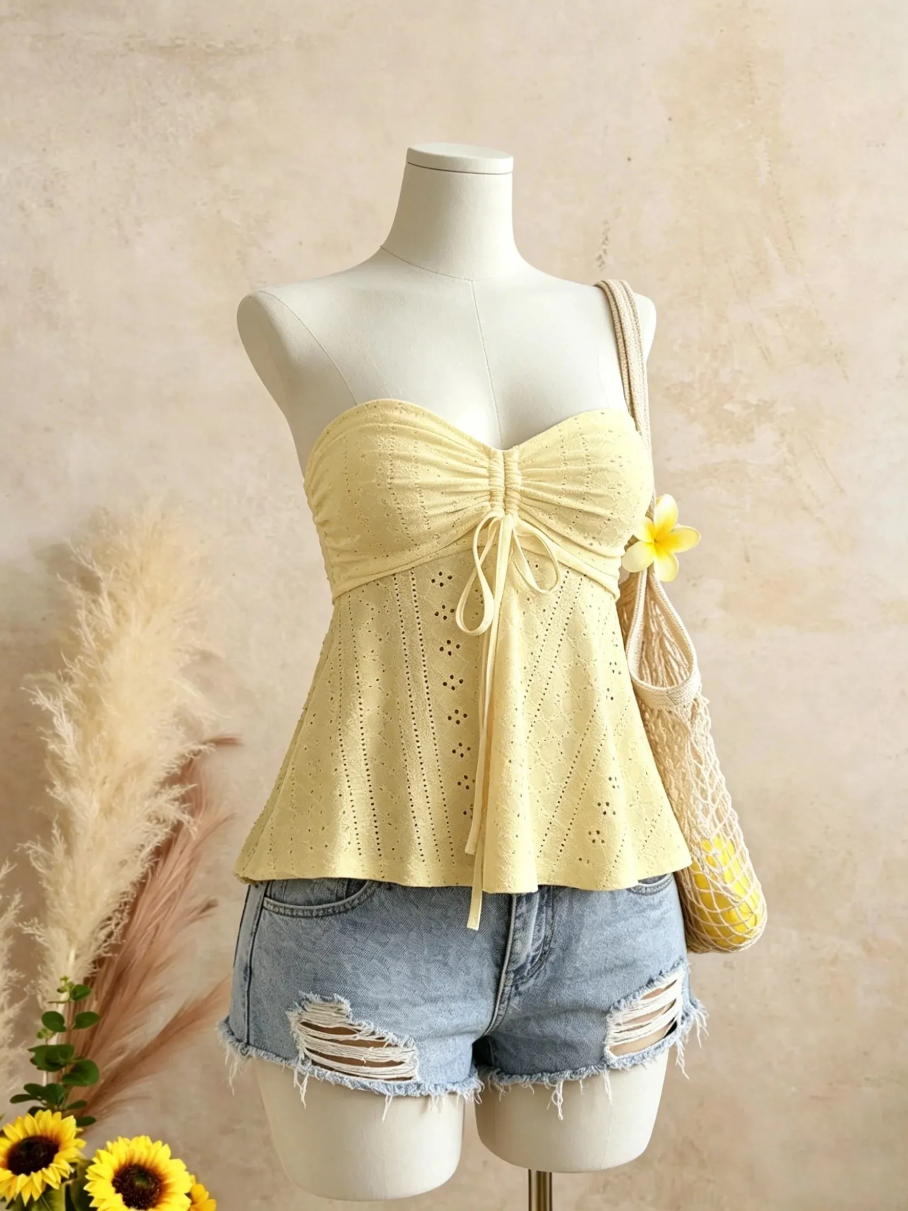Women Yellow Eyelet Lace Tube Top Casual Ruched Tie Front Peplum Strapless Camisole — image 5