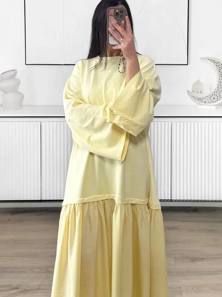Solid Color Loose Fit Flare Sleeve Tiered Dress Crew Neck Ruffle Hem Pleated Long Maxi Dresses 2026 Spring Chic Casual Outwear — image 4