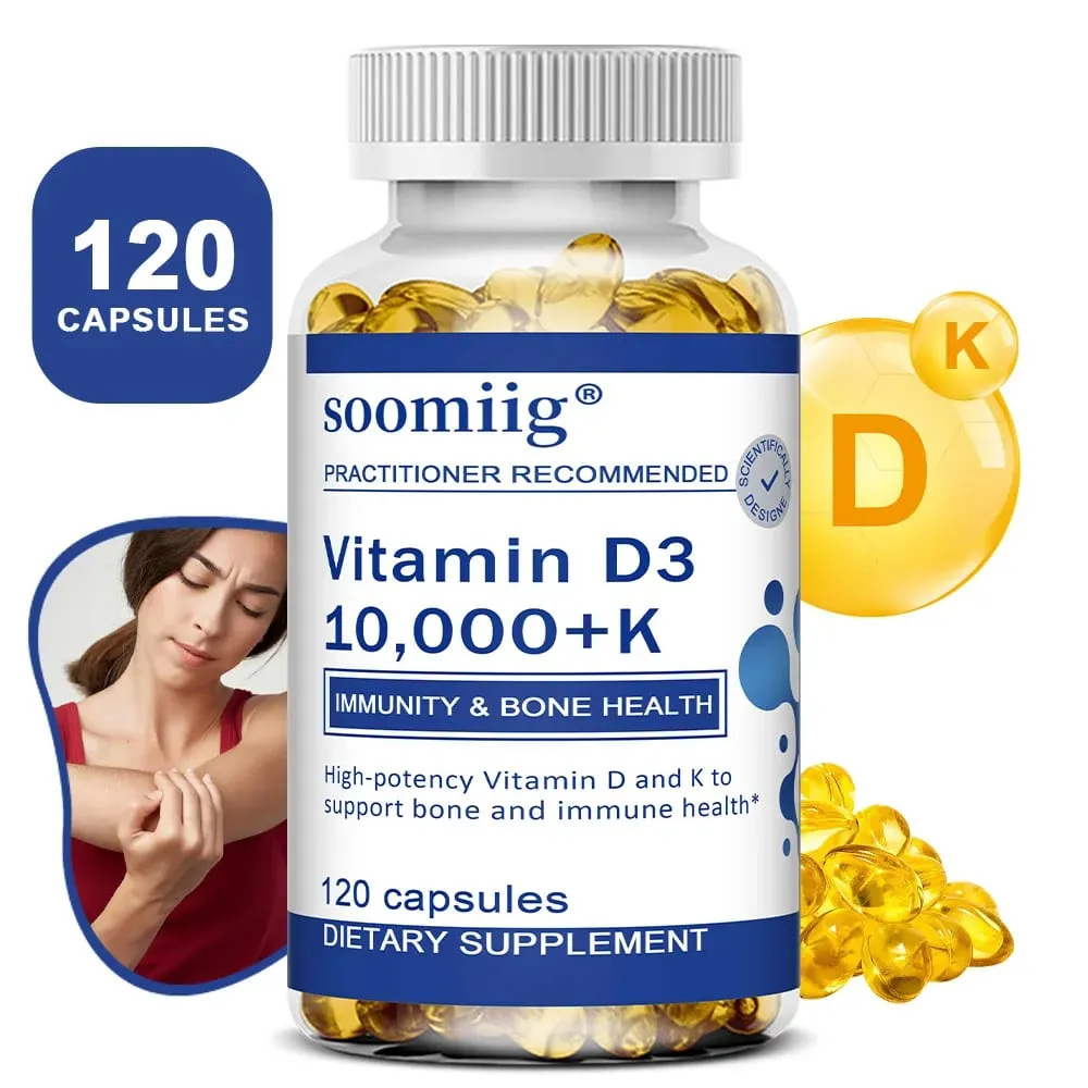 Vitamin D3 10000 IU + K2 Mk7 Capsules 120pcs for Bone Heart Health & Immune Support Non-GMO Vegan Enhanced Absorption