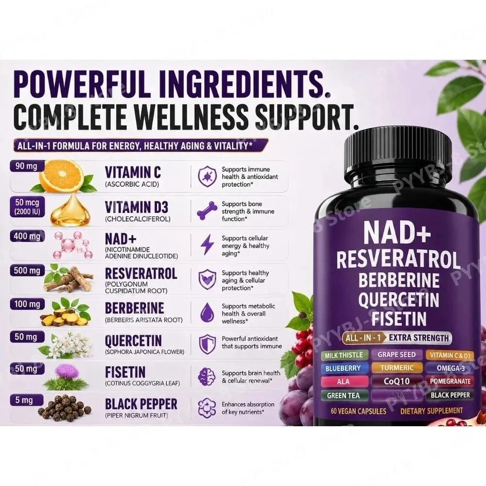 NAD+ Resveratrol Supplement with Berberine Quercetin Fisetin CoQ10 Vitamin C D3 60 Vegan Capsules for Daily Nutrition Support — image 4