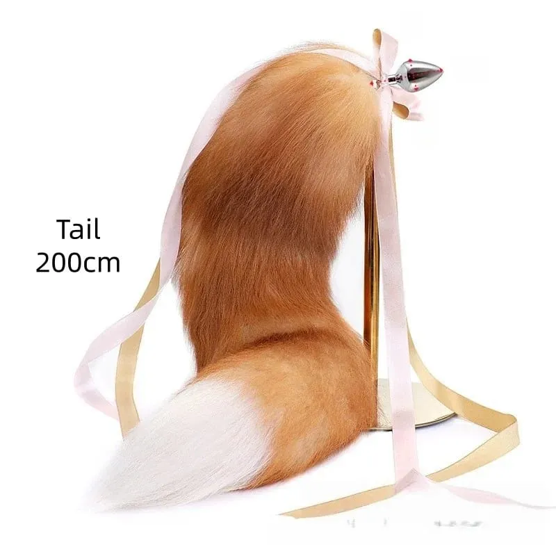 200cm Soft Real Fur Fox Tail Anal Plug with Split Design Metal Butt Plug for Women Cosplay Costume Flirt Sensory Sex Toys