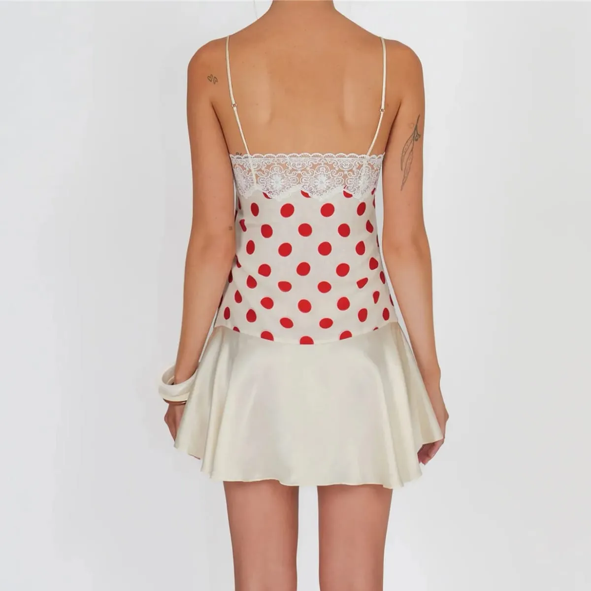 Women Y2K Polka Dot Cami Dress Lace Trim Spaghetti Strap Satin Ruffle Hem Bodycon Mini Dress Summer Casual Streetwear — image 6