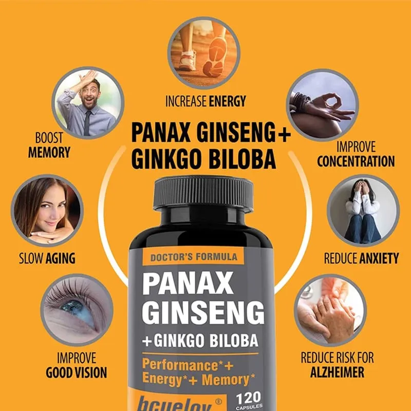 Ginseng + Ginkgo Biloba Supplement Boosts Energy Focus Supports Cognitive Athletic Performance & Heart Health 120 Caps