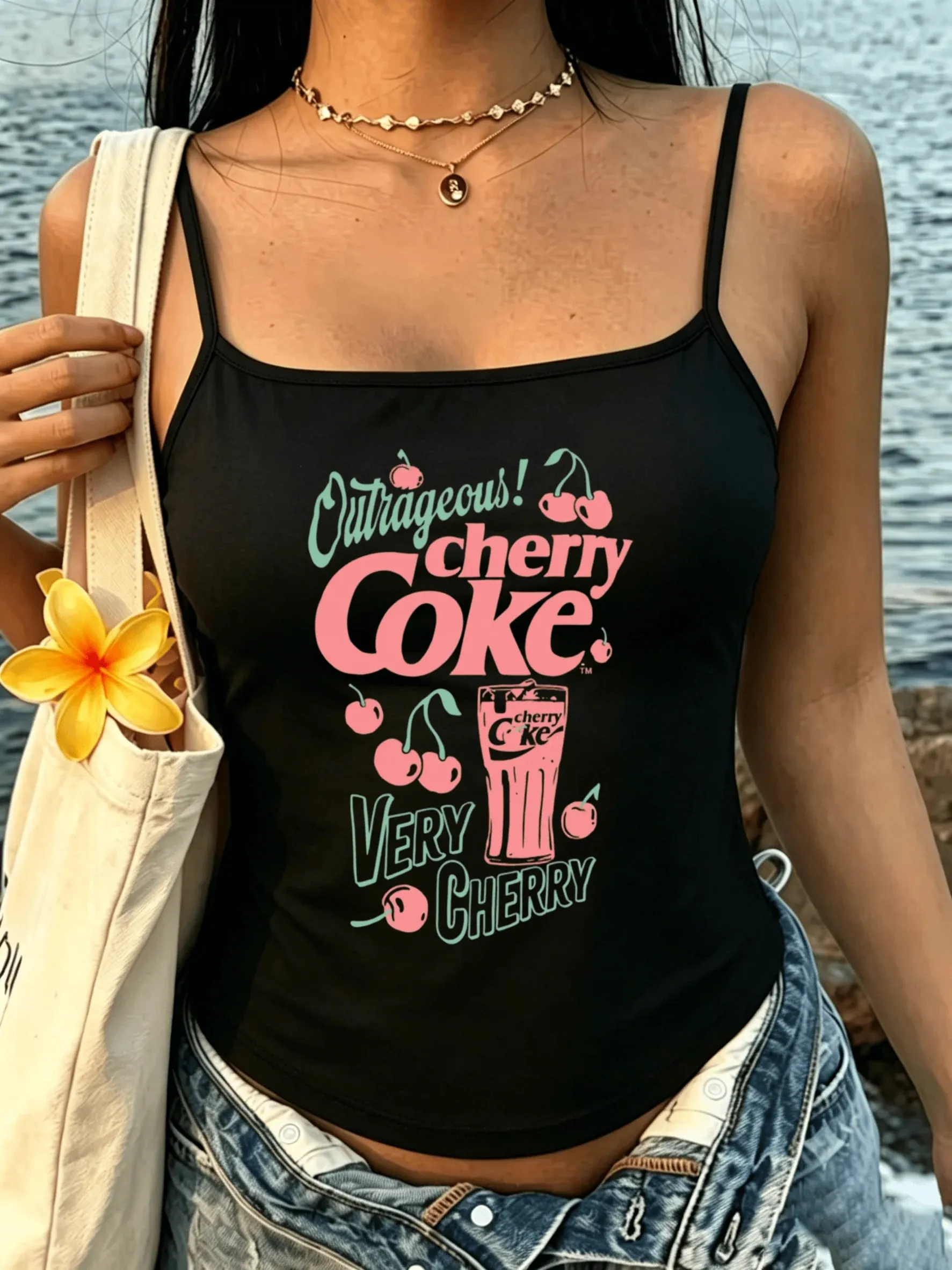 Retro Soda Aesthetic Women Spaghetti Strap Camisole Outrageous Cherry Coke Fruit Print Slim Sleeveless Summer Daily Tank Vest