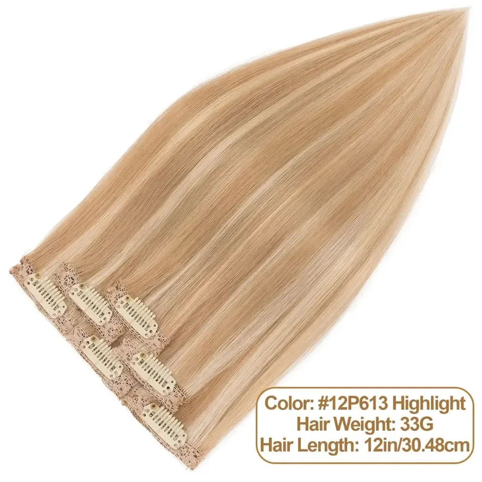 S-noilite 6 PCS Remy Clip In Human Hair Extensions Single Clip Ins Thick Hair Extensions Highlight Seamless Hairpieces for Women