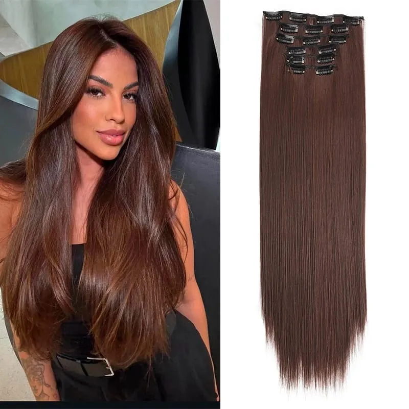 6PC Long Clip in Hair Extensions Brown Synthetic Straight Clip-in Hairpieces 24 inch Straight Hair Piece Extensions for Women — image 2