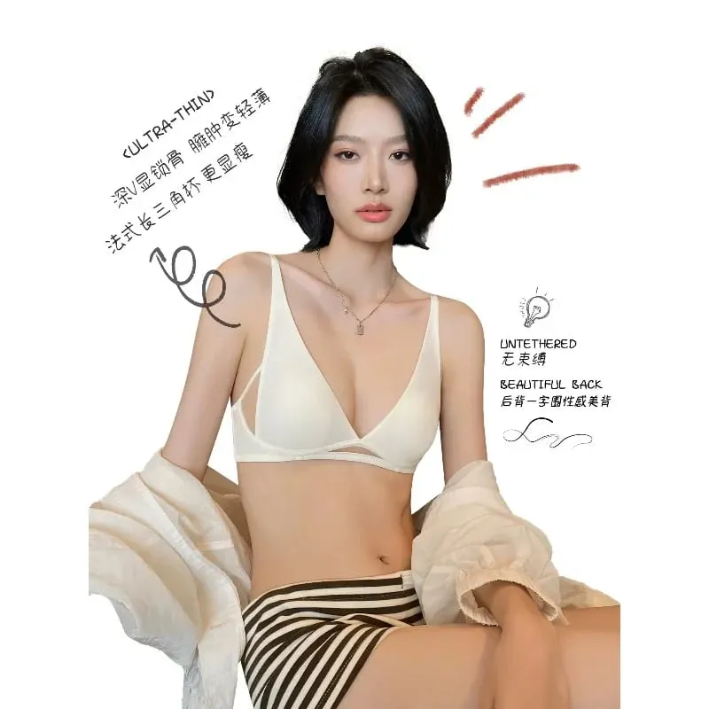Fransız Üçgen Sutyen Tavşan Kulak Kupası Derin V Kablosuz Bralette Küçük Göğüs Hiçbir Boşluk Seksi iç çamaşırı seti Nefes Yaz Ince — image 6