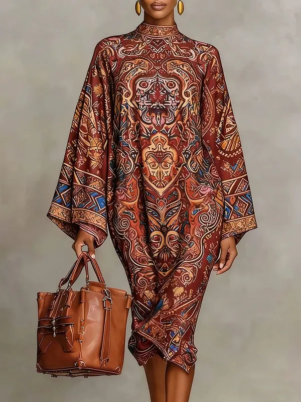 Women's Vintage Elegant Printed High Neck Kaftan Dress Long Sleeves Loose Elegant Evening Midi Dresses Robe 2026 New — image 5