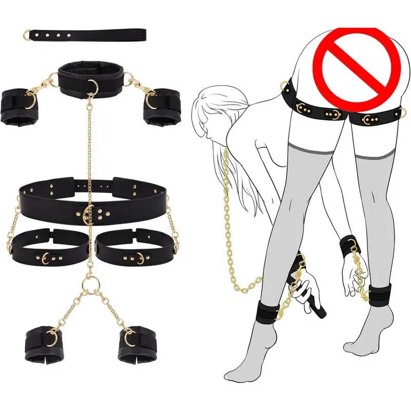 性愛束縛 BDSM 套件約束頸部到手腕 SM 可調式手銬腳踝大腿袖口交叉腰帶牽引鏈項圈 — image 8