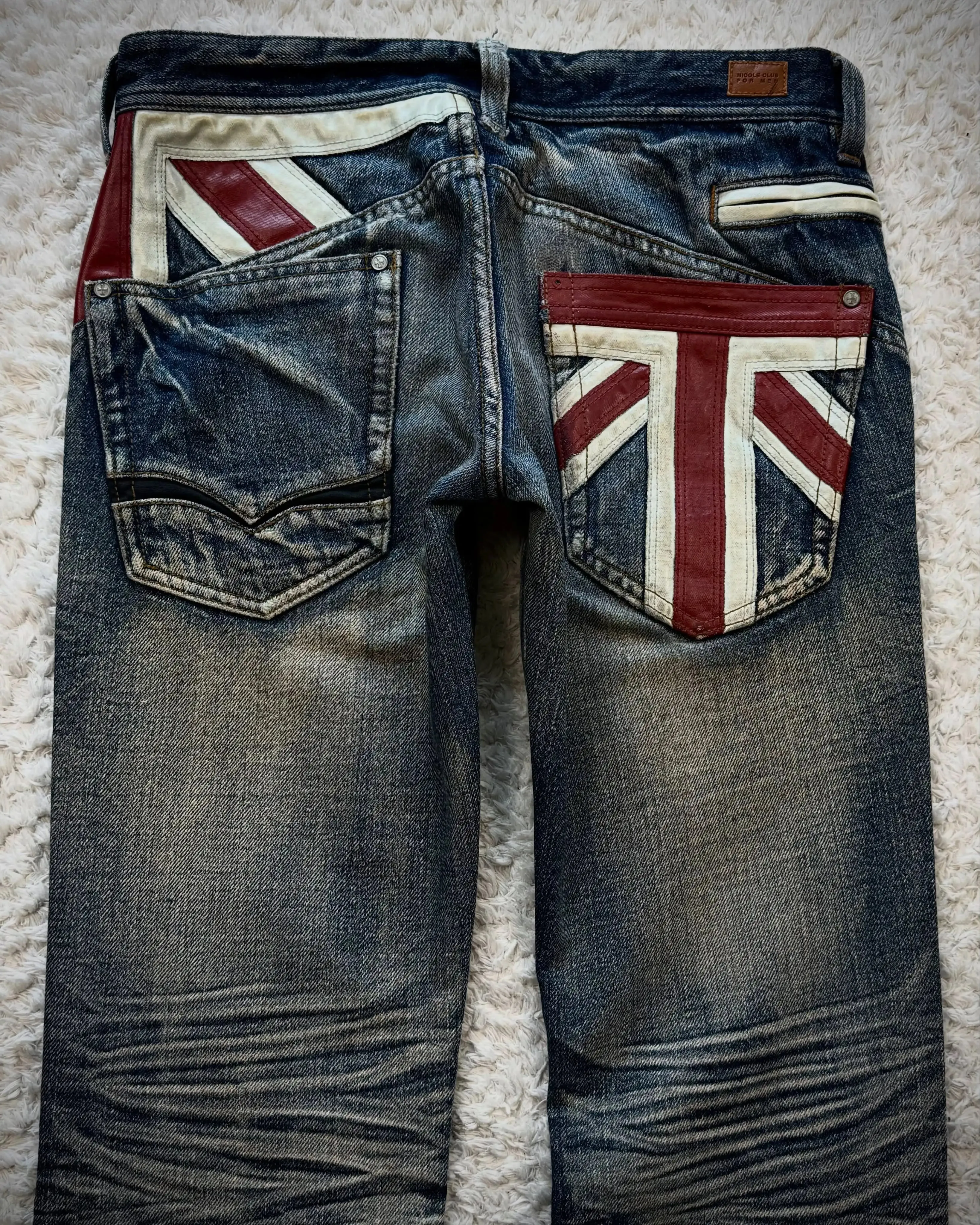Vintage French Flag Pocket Patchwork Men's Jeans Y2K Low Waisted Straight Leg Blue Washed Denim Pants Women Casual Street Jeans — image 4