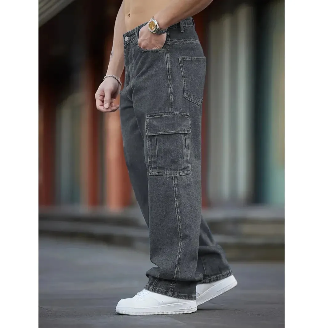 2026 New Arrival Men Cargo Jeans Multi‑Pocket Loose Wide Leg Straight Denim Pants HipHop Street Workwear Trousers — image 8