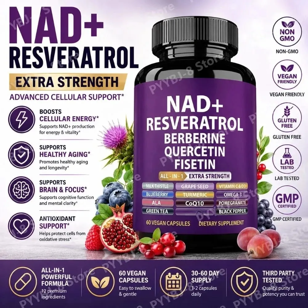 NAD+ Resveratrol Supplement with Berberine Quercetin Fisetin CoQ10 Vitamin C D3 60 Vegan Capsules for Daily Nutrition Support — image 2