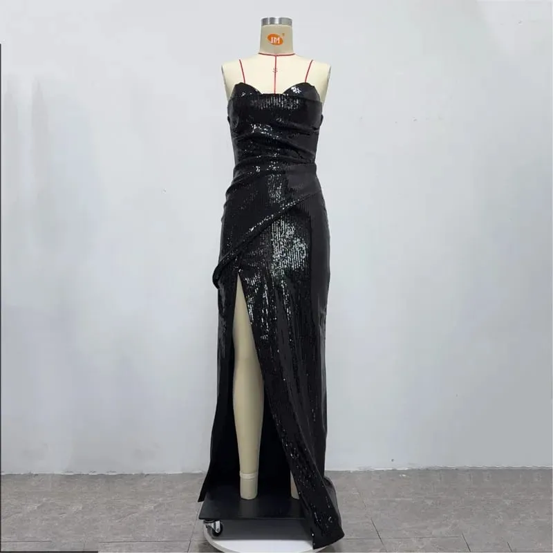 Sequined Strapless Evening Gown in Rose Color with a Thigh Slit Women's Sexy Sequin Open Back Lace Up Dress Long Style — image 10