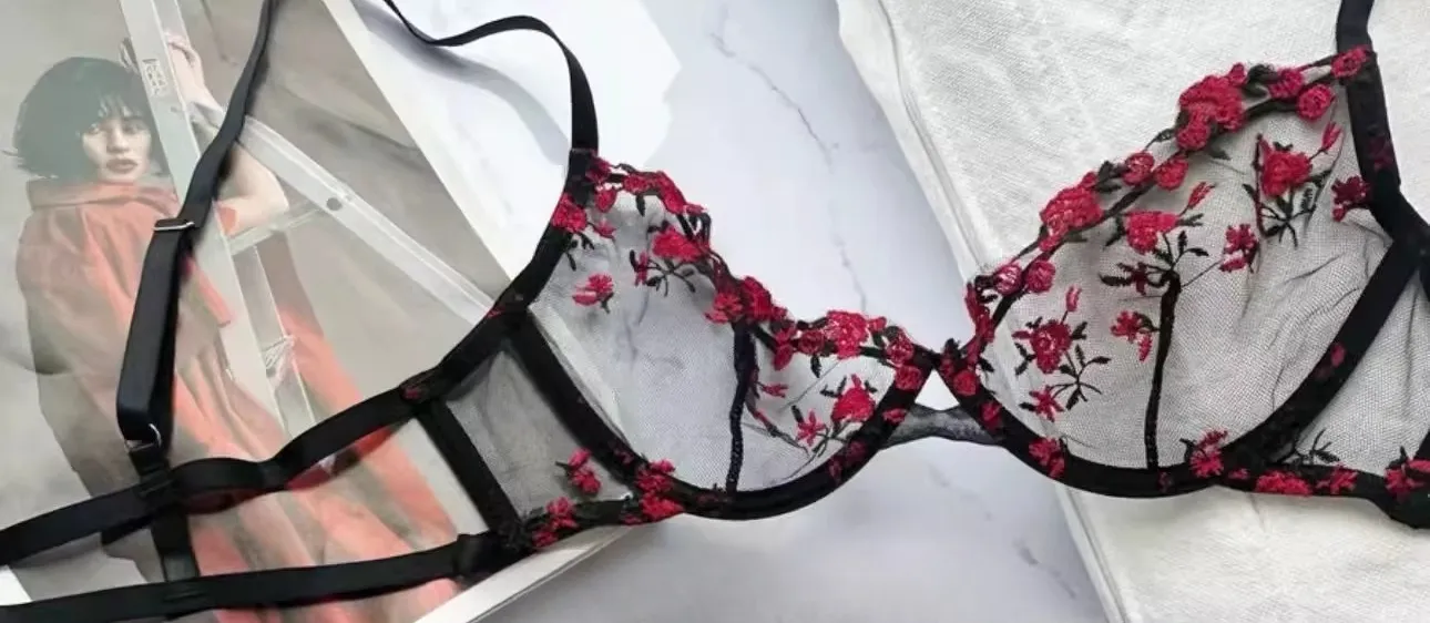 French Elegant Lingerie Set-Floral Embroidery Semi-Transparent Bra & Brief Black Sensual Women's Underwear Luxury Intimates — image 12