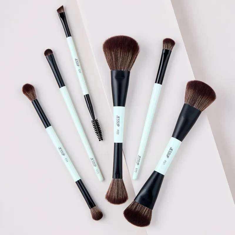 Jessup Double-Ended Makeup Brushes 6pcs Vegan Fiber Daily Use Bright Cyan