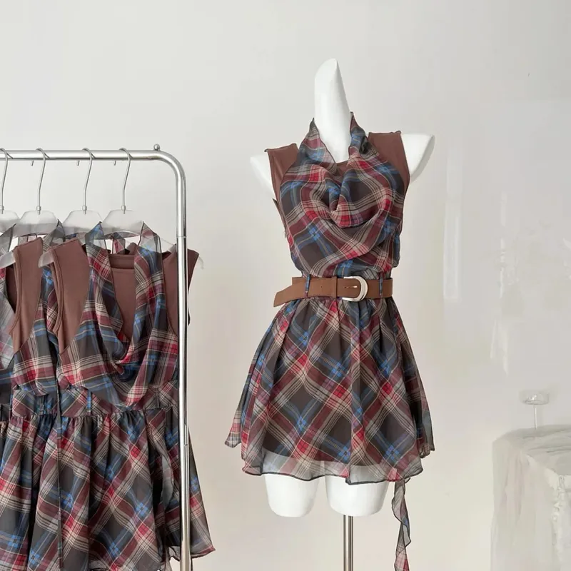 Elegant French Style Mini Dress Neck Hanging Unusual Plaid Women's Slimming Waist Dress Summer New Arrival Polka Dot Skirt