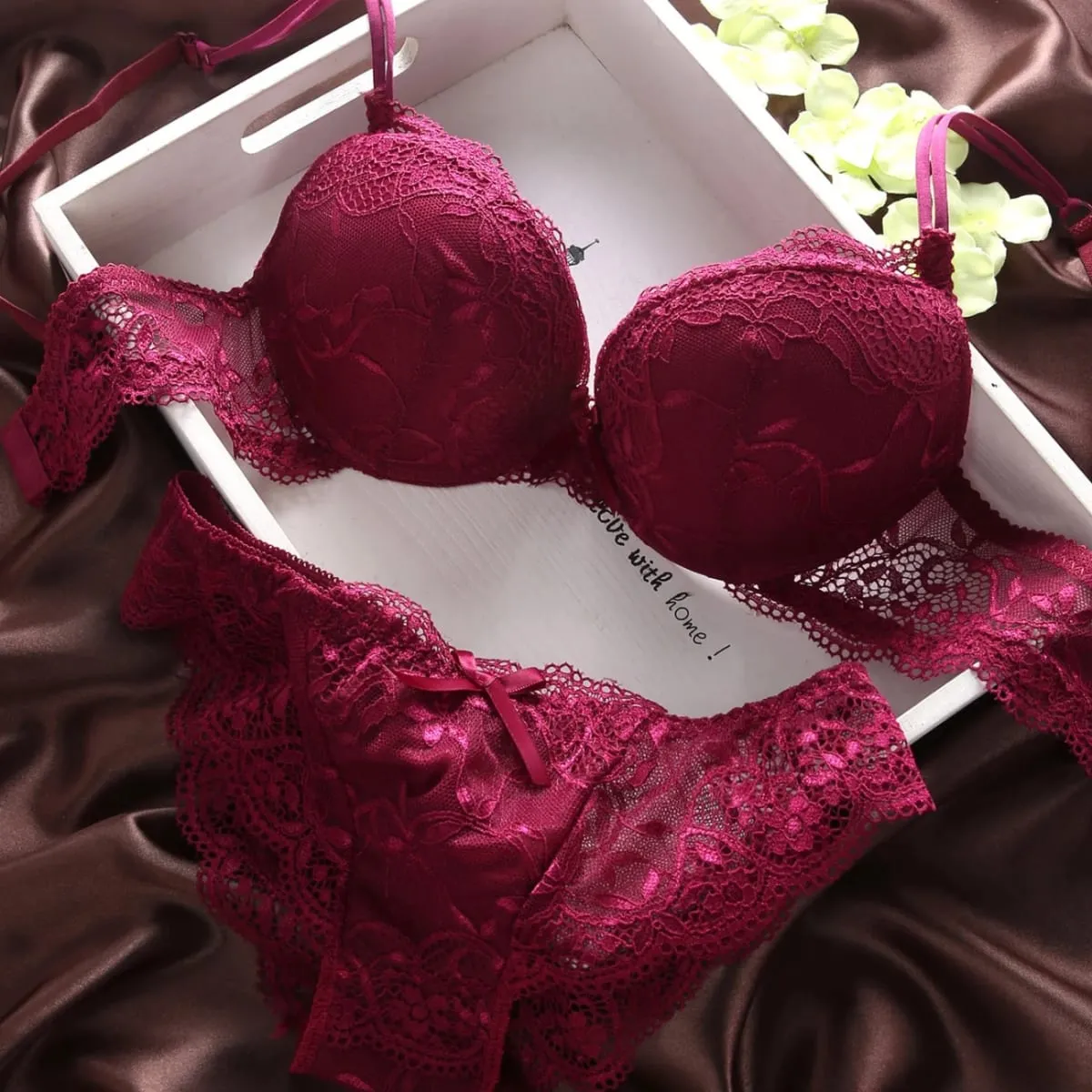 Women Lingerie Set Underwire Multi‑Color Lace Bow Design Push Up Bra Panty Set Soft Breathable Comfort Ladies Intimate Underwear