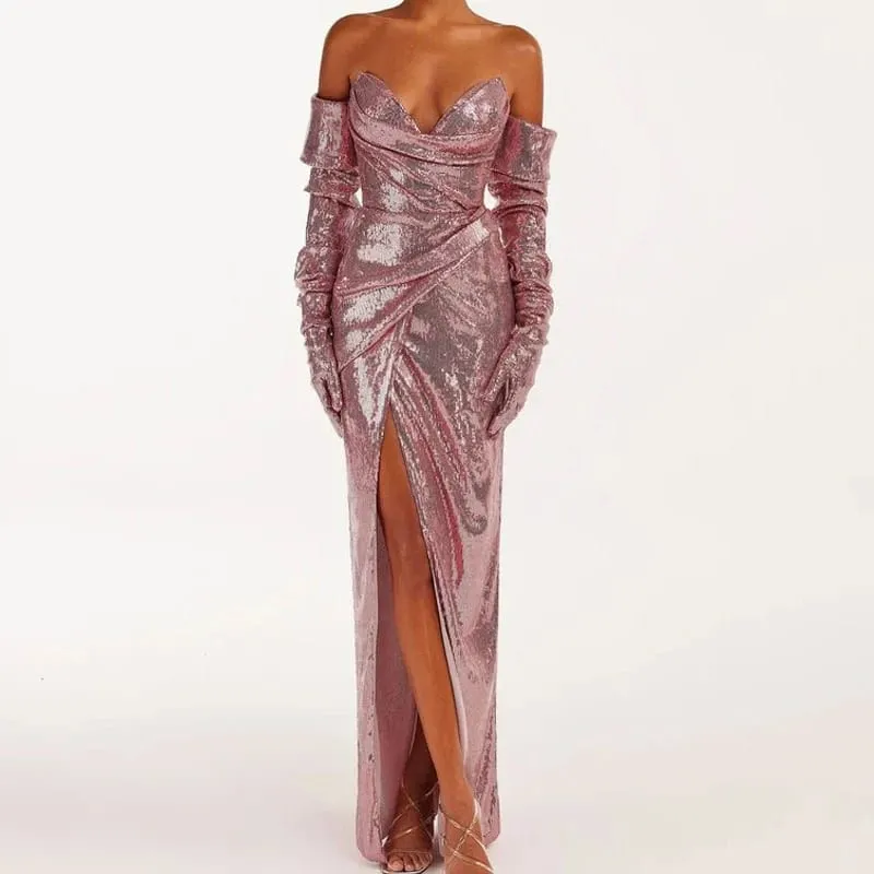 Sequined Strapless Evening Gown in Rose Color with a Thigh Slit Women's Sexy Sequin Open Back Lace Up Dress Long Style — image 5