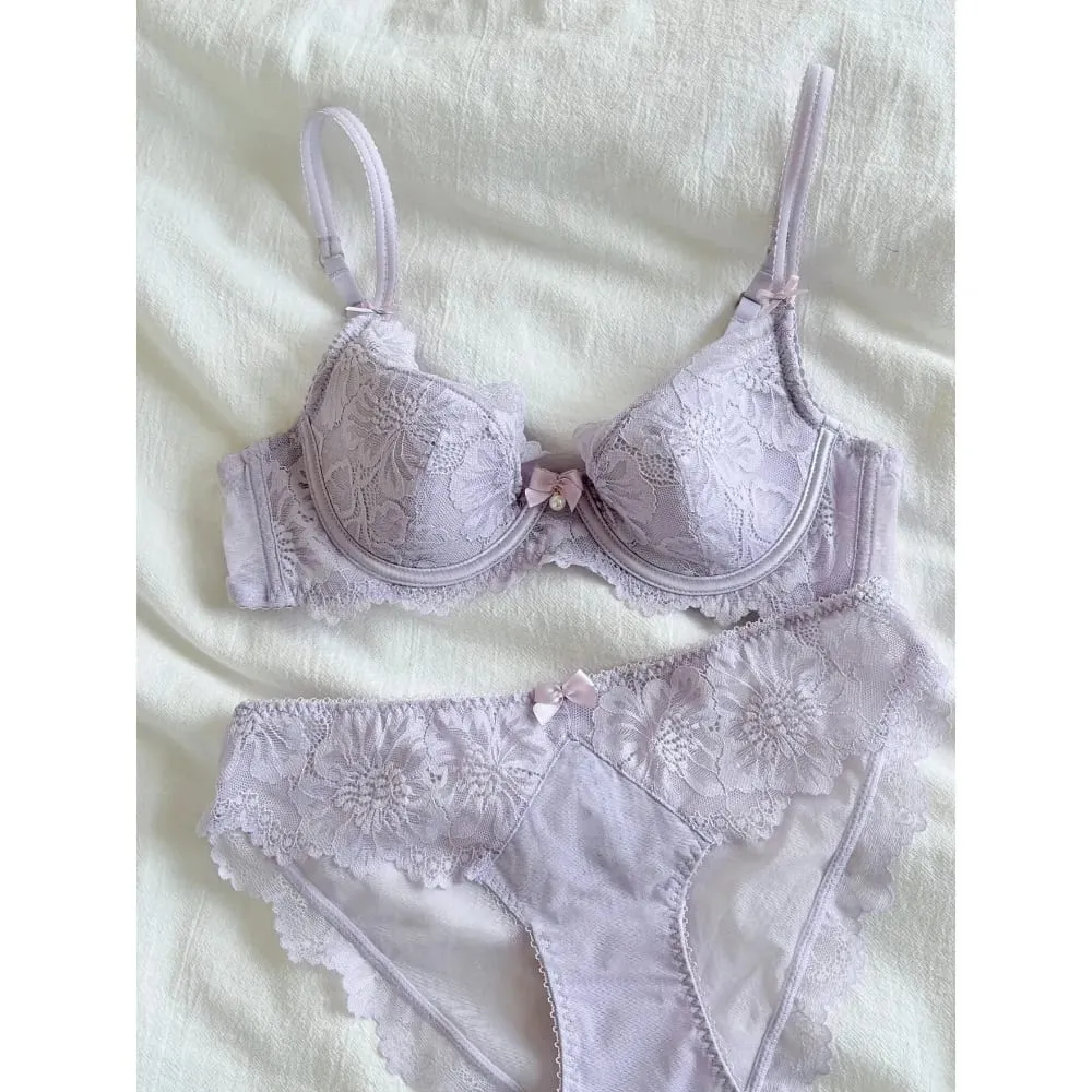Purple French Lace Bra Embroidery Soft Underwire Minimizer Big Bust Lift Anti Sag Gathering Support Daily Lingerie 32-38 Bra Set — image 1