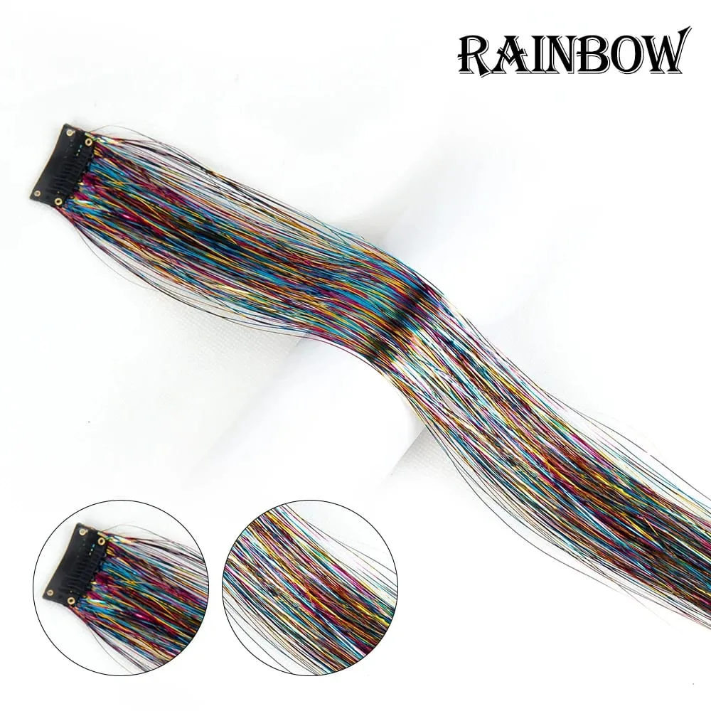 Straight Rainbow Colored Party Highlights Clip On In Hair Extensions Bling Hair Piece Synthetic Hairpieces Sparkling Tinsel Red — image 13