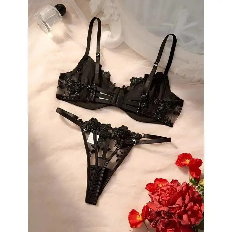 French Black Embroidered Lace Underwear Set Elegant Feminine Design Bra And Panties Combo for Women — image 4
