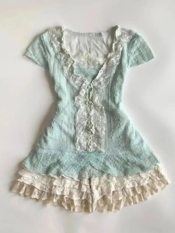 Y2K – ensemble deux pièces Vintage en dentelle pour femmes, ensemble deux pièces, élégant Cardigan rétro + Mini robe Slim sans manches à la mode — image 5