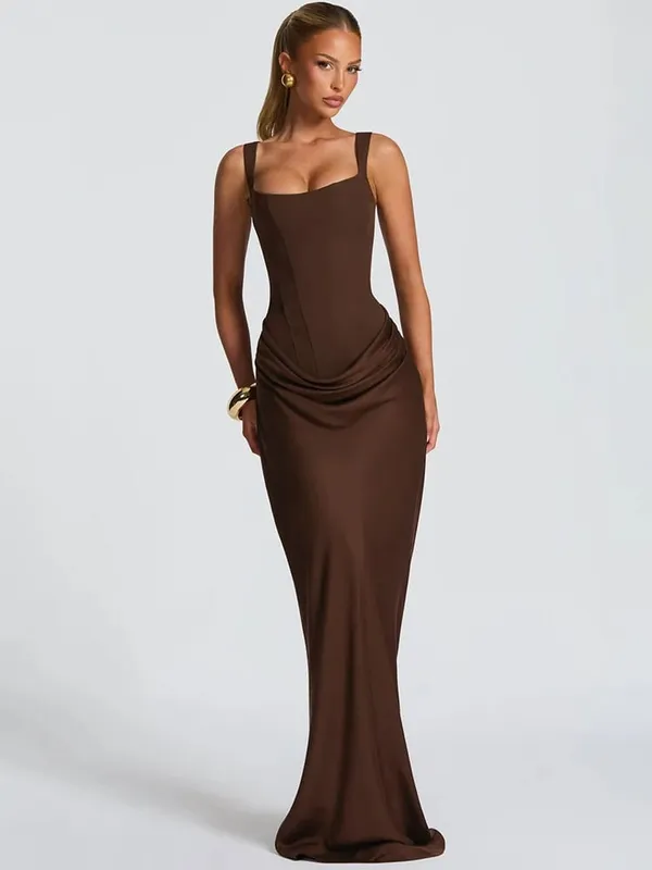 Mozision Elegant Backless Sexy Maxi Dress Women Gown Fashion Square Collar Sleeveless Skinny Ruched Club Party Long Dresses — image 4