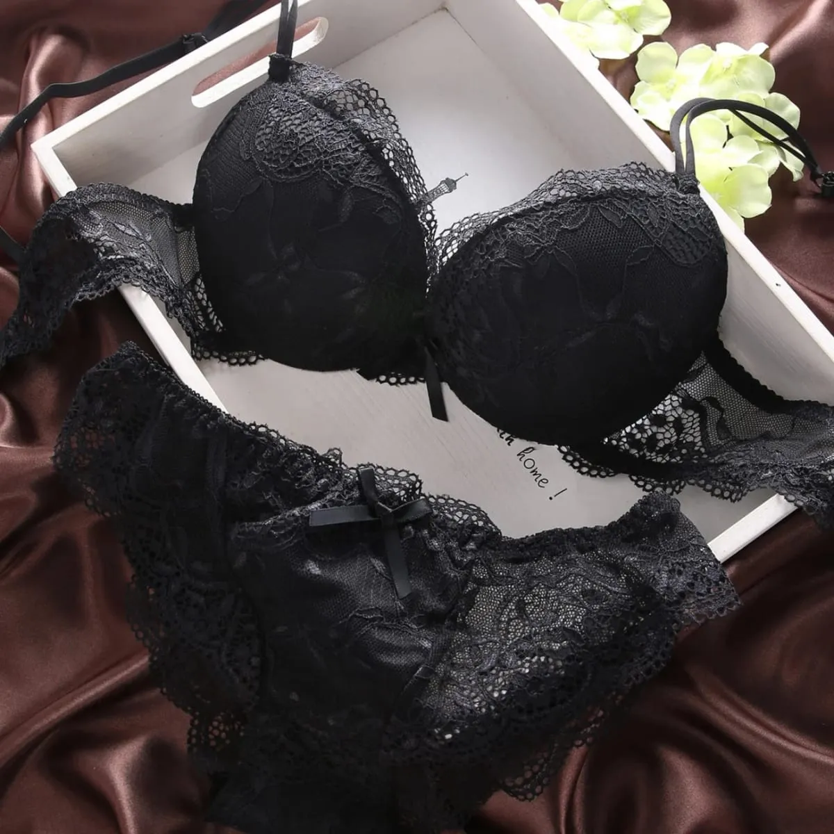 Women Lingerie Set Underwire Multi‑Color Lace Bow Design Push Up Bra Panty Set Soft Breathable Comfort Ladies Intimate Underwear