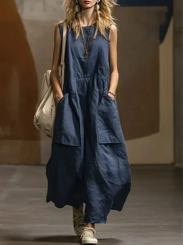 2026 Summer Loose And Simple Sleeveless Cotton And Linen Women's Dress New Fashion Casual Pocket Female Holiday Long Dresses — image 7