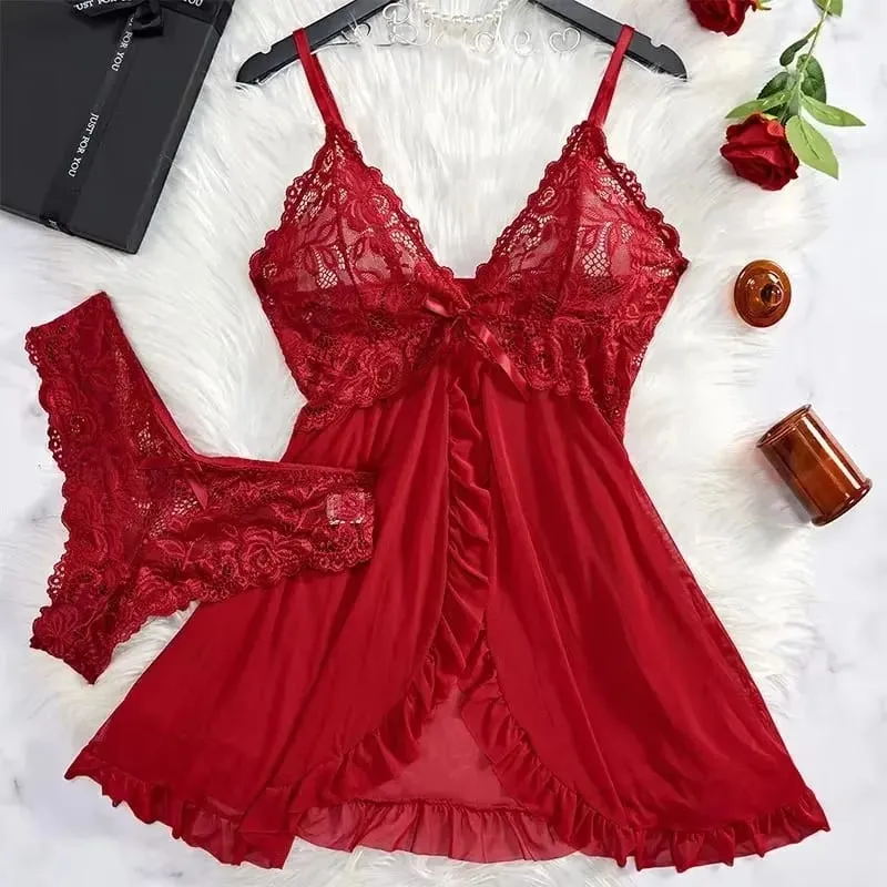 Tulle Suspenders Exquisite Women's Lencerias Lace V-Neck Underwear Semi-transparent Thong Dress Set Females Lingerie Nightgowns — image 6