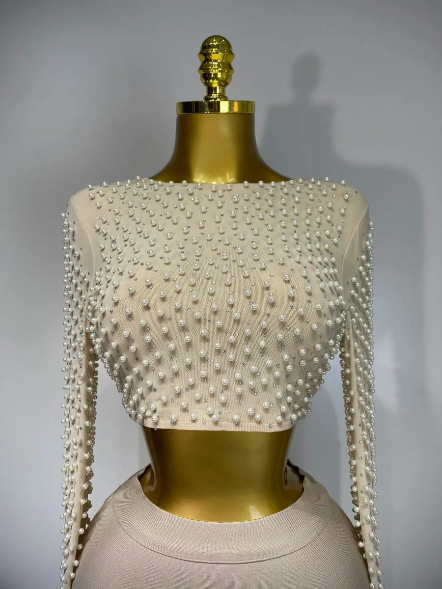 Vrouwen Sexy Lange Mouw Mesh Parel Top Celebrity Midi Vrouwen Bandage Set 2025 Designer Avondfeest Luxe Verjaardag Tweedelige Set — image 5