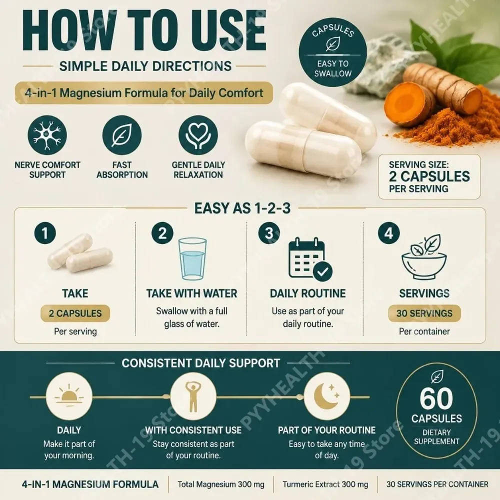 TriMagnes Complesso di magnesio 4 in 1 Capsule da 300 mg con citrato glicinato malato curcuma per il comfort dei nervi Rilassamento muscolare 60 Ct — image 5