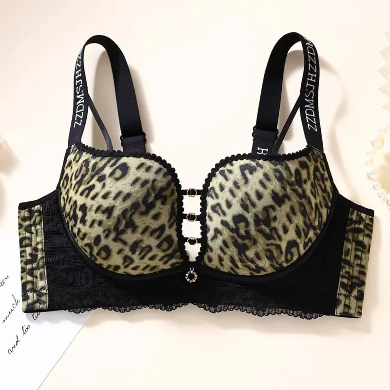 plus Size Thin Wireless Minimizer Bra Leopard Print Gather Anti-Sagging Comfort Lingerie for Big Bust Women