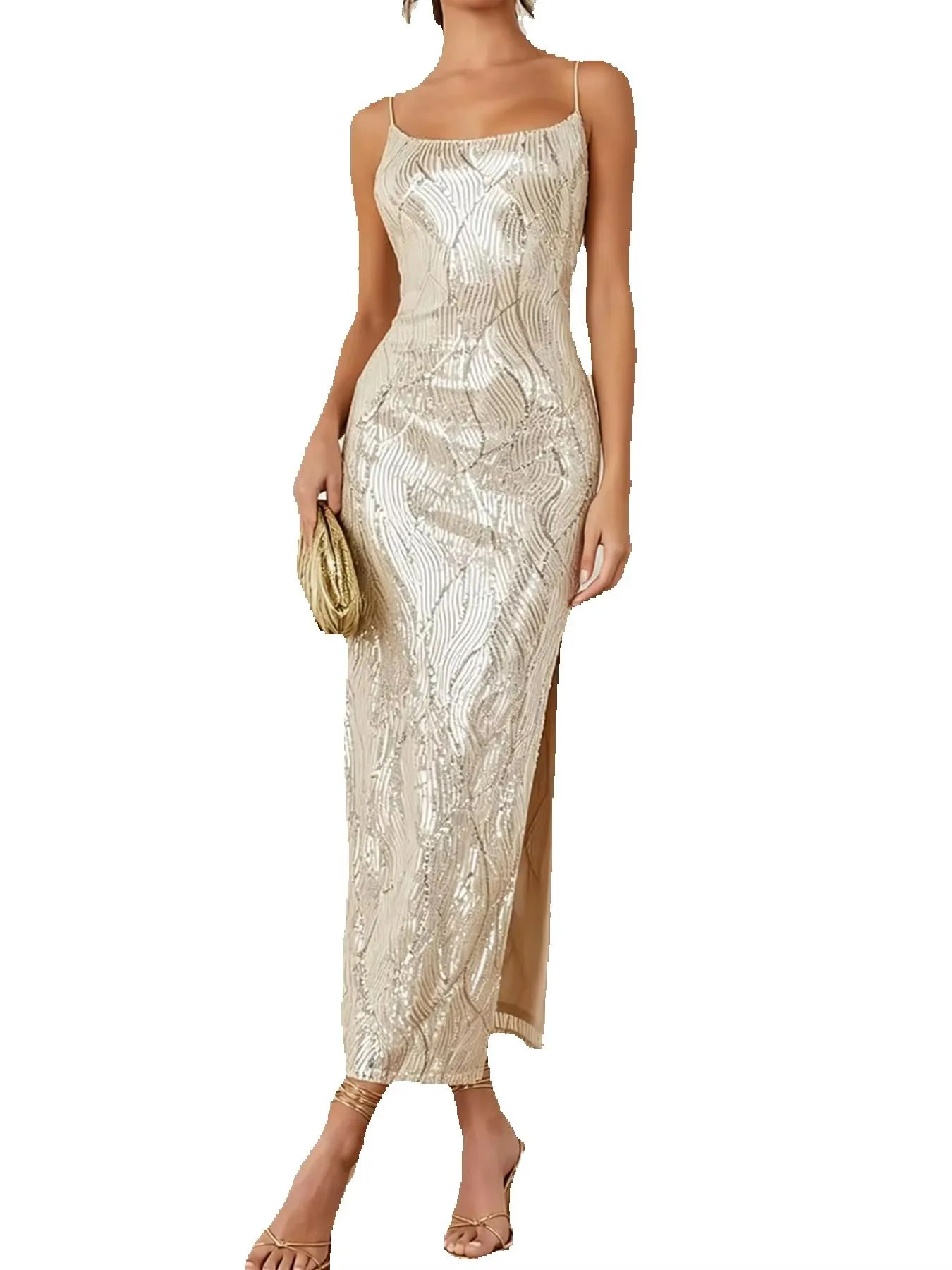 Elegant Sequin Slip Maxi Dress with Slit Spaghetti Straps Lightweight Bodycon Fit for Special Occasions/Photoshoots