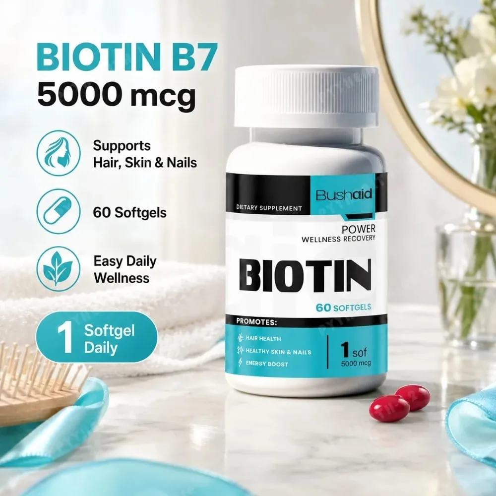 Bushaid Biotin 5000mcg Softgels Hair Skin Nails Vitamin B7 Keratin Support Energy Non-GMO Gluten Free 60 Softgels 60 Day — image 5