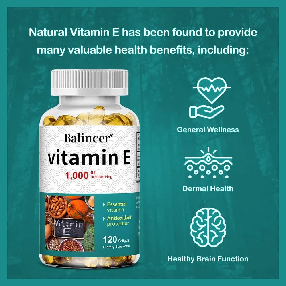 Natural Vitamin E Capsules Antioxidant Supplement Support Skin Hair Nail Heart Brain Cardiovascular & Immune System Wellness — image 5