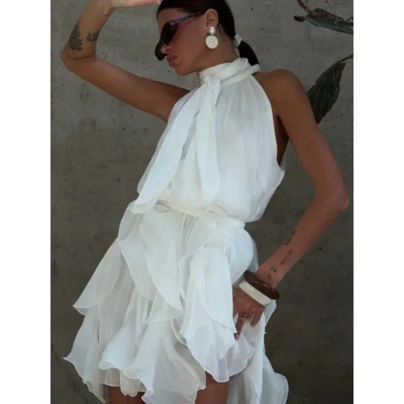 Sexy Cascading Ruffle Pleated Women's Mini Dress Fashion Lace Up Sleeveless Empire Female Dresses 2026 Spring Summer Lady — image 7