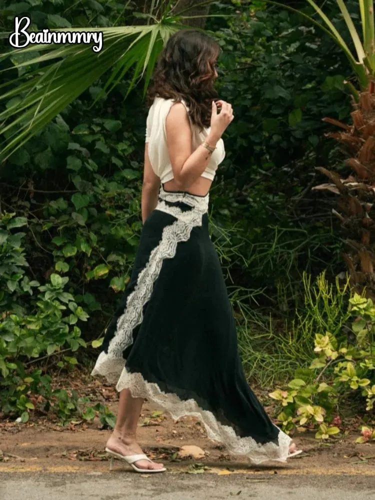 Lace Patchwork Cut Out Short-sleeve Twisted Tee Dress Color Block Gathered Lace Panel Maxi Dresses Women's Chic Daily Outfit — image 5