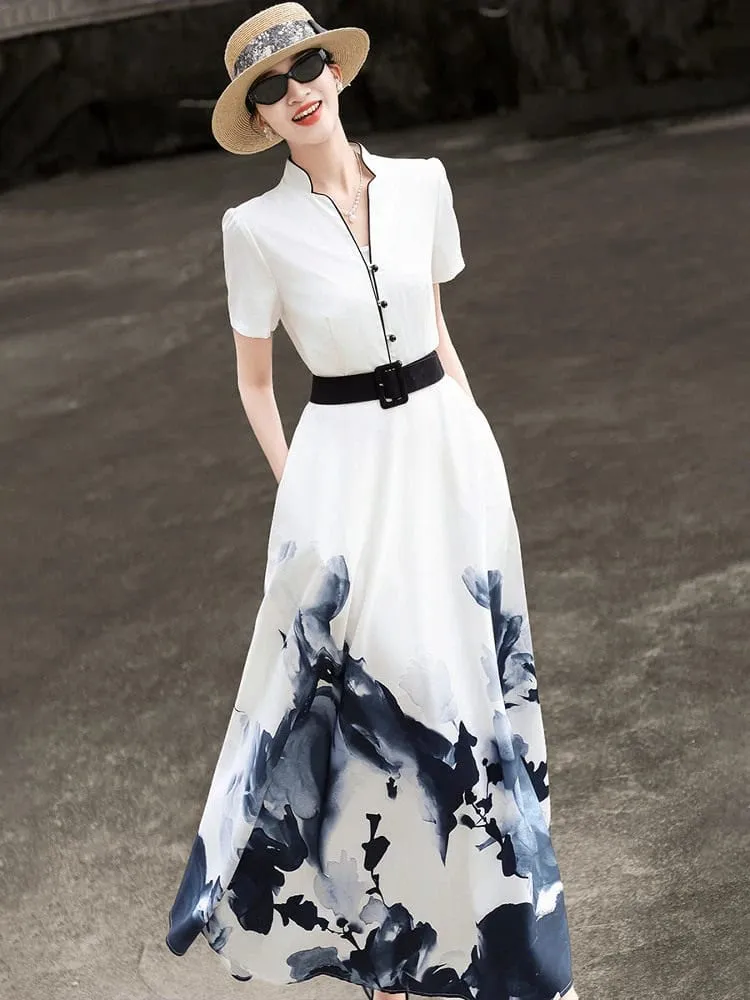 2026 Summer New Chinese Style Ink Painting Print Waist Cinched Swing Dress — image 3
