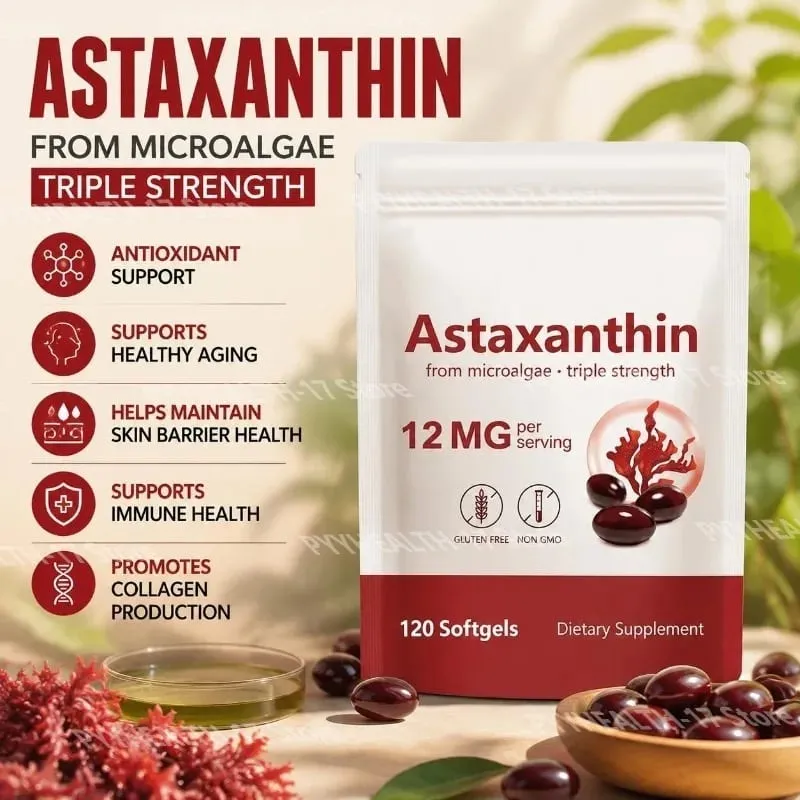 Astaxanthin Softgels From Microalgae Promotes Collagen Production Soy Free Gluten Free Non GMO Triple Strength 120 Softgels — image 1